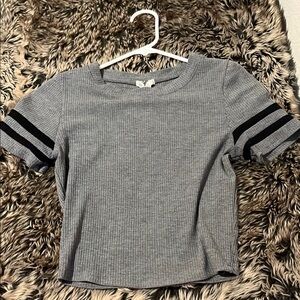 Bozzolo Gray Ribbed Crop Tee with Black Stripes